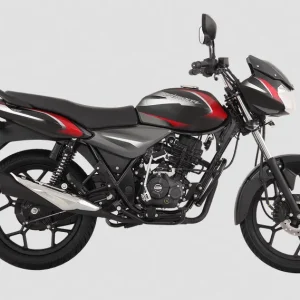 Bajaj Discover 150 front view showing disk brake and halogen headlamp in Dhaka showroom.