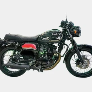 TVS Fiero 125 classic retro styled commuter motorcycle with spoke wheels black fuel tank and single piece seat profile view